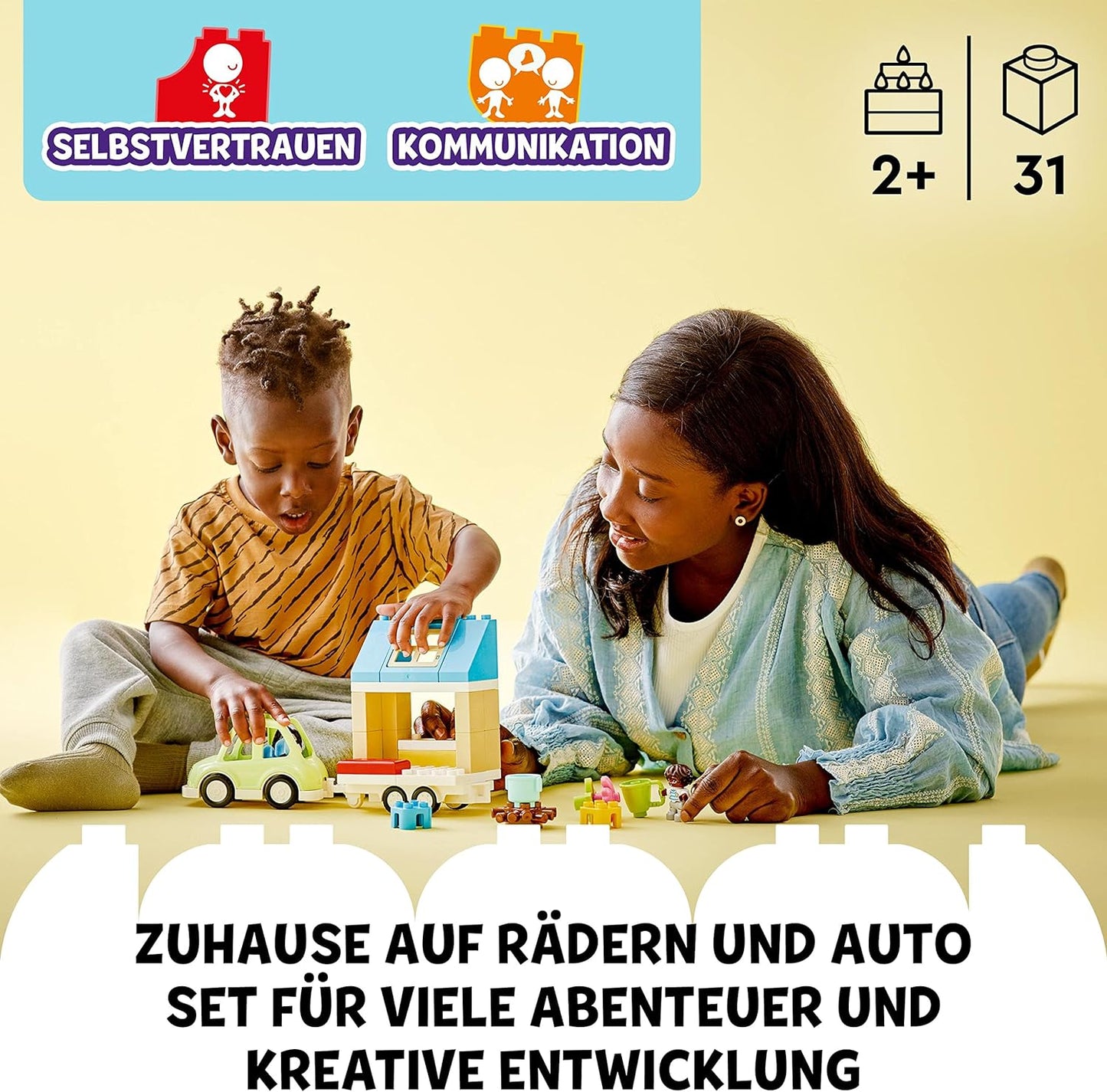 LEGO 10986 Duplo Home on Wheels, Toy Car with Large Stones, Figures and Toy Car for Boys and Girls from 2 Years, Develops Fine Motor Skills