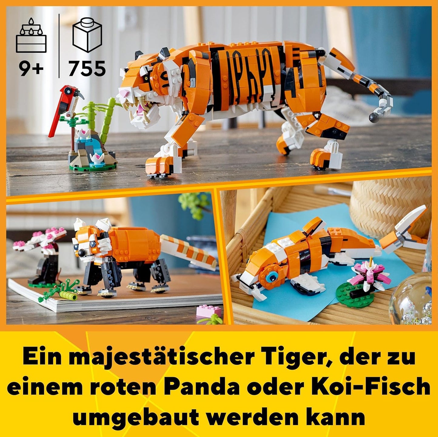 LEGO 31129 Creator Majestic Tiger, Panda or Fish 3-in-1 Animal Figure Set Toys for Kids Boys and Girls Construction Toy with Animals