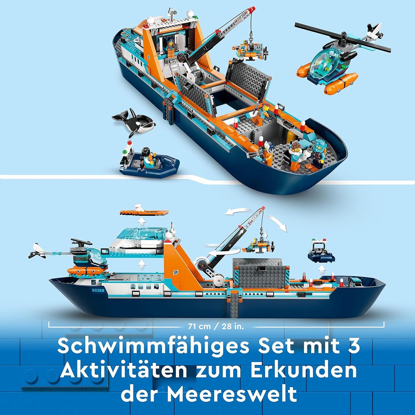 LEGO City Arctic Research Ship, Large Buoyant Toy Boat with Helicopter, Dinghy, ROV Submarine, Viking Shipwreck, 7 Mini Figures & Orca Figure, Gift for Children from 7 Years 60368