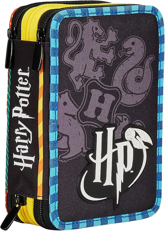 Harry Potter School Pencil Case with 3 Compartments, Multicoloured, Pencil Case with Multiple Compartments with Pencils, Pens and Colours, Multicoloured, Taglia Unica, Modern, multicoloured, Modern