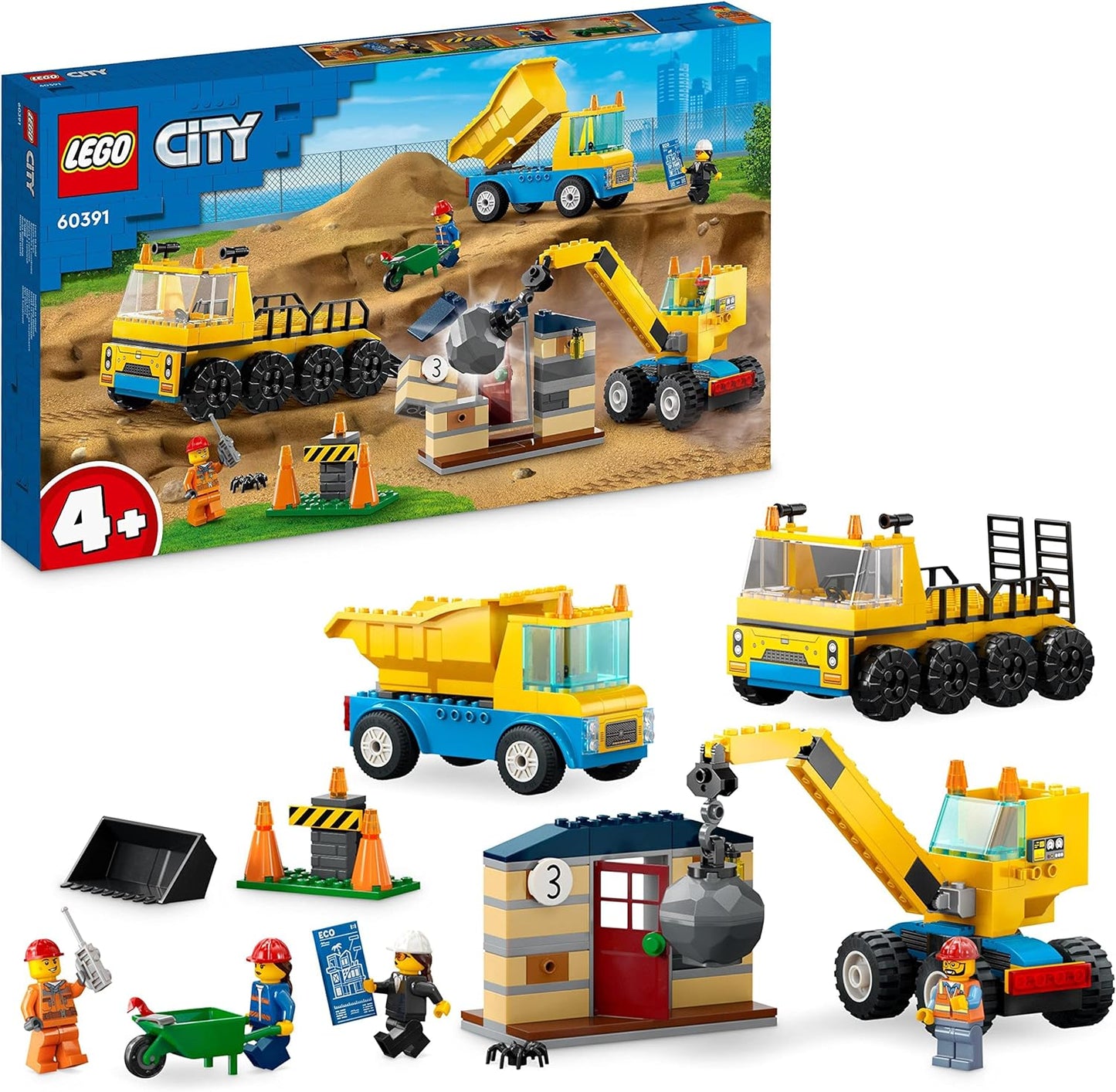 LEGO 60391 City Construction Vehicles and Crane with Demolition Ball, Toy with Excavator, Dumper and Transport Vehicles, Educational Toy for Toddlers from 4 Years