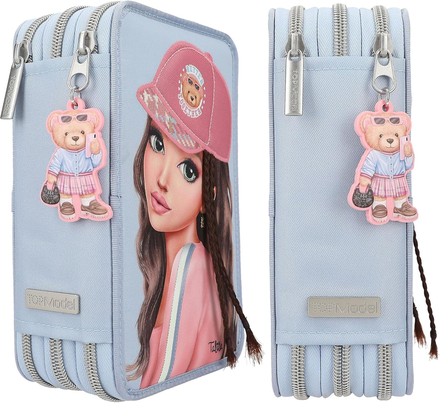 Depesche TOPModel Team Teddy 13010 Filled 3-Compartment Pencil Case in Light Blue with Model Motif and Pendant, Pencil Case with Colouring Pencils, Ruler, Scissors and much more