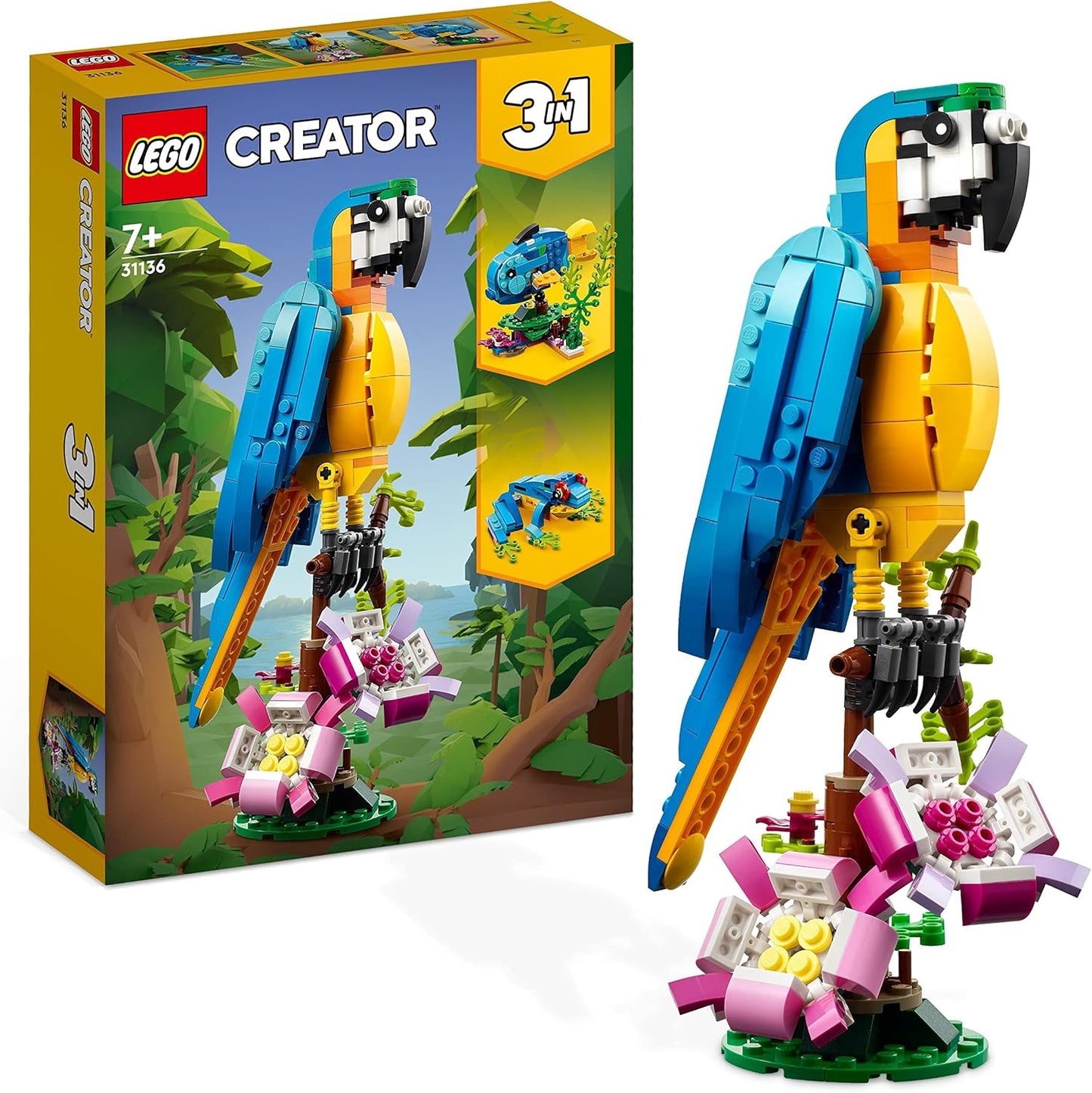 LEGO 31136 Creator 3-in-1 Exotic Parrot, Frog and Fish Jungle Animal Figures Building Toy, Creative Toy for Children 7 Years and Up