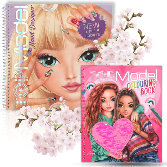 TOPModel Colouring Book with Sequins & Hand Designer Colouring Book: 40 Colouring Designs and Sticker Sheet for Cool Looks, 46 Pages for Creative Nail Designs, Includes Foil Stickers and Fingernail