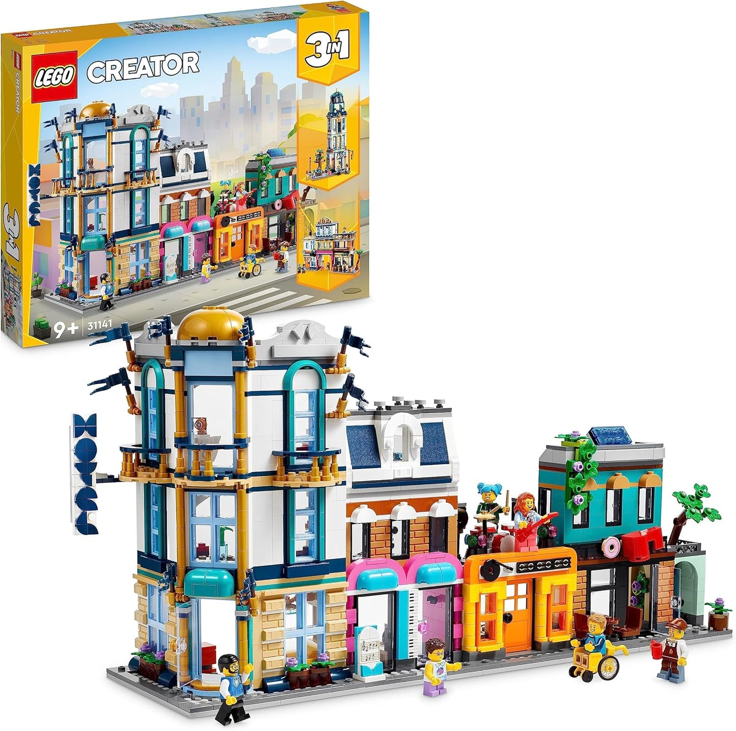 LEGO Creator 3-in-1 Main Street to Art Deco High Rise or Market Street Model Building Set, Construction Toy with Hotel, Cafe, Apartments and Shops, Creative Model Kit, Gift Idea 31141