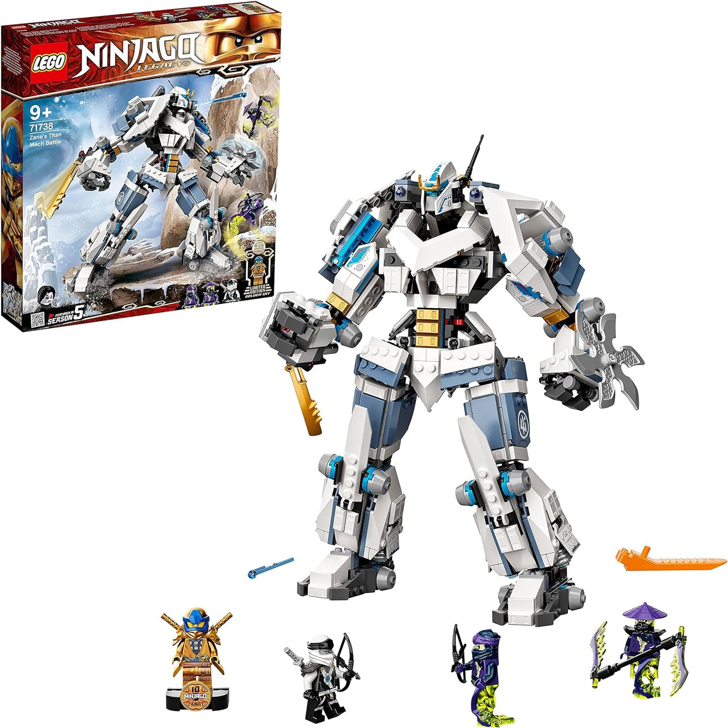 LEGO 71738 Ninjago Legacy Zanes Titan-Mech Ninja Construction Kit with Jay as Golden Figure and 2 Ghost Fighters.