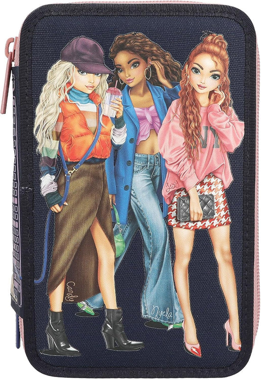 Depesche 12560 TOPModel City Girls Filled 3-Compartment Pencil Case Printed with a Skyline Motif, Pencil Case with Coloured Pencils, Ruler, Scissors and Much More