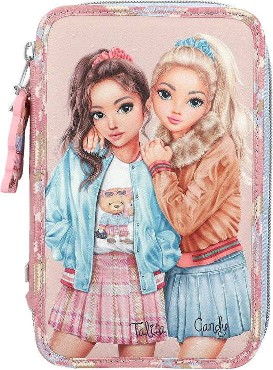 Depesche 13009 TOPModel Team Teddy Filled 3-Compartment Pencil Case in Rose with Model Motif and Pendant, Pencil Case with Colouring Pencils, Ruler, Scissors and much more