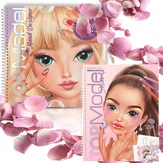 TOPModel Hand Designer Colouring Book & Create Your Make-Up Colouring Book: 46 Pages for Designing Creative Nail Designs with Foil Stickers and Fingernail Tattoos, Plus 20 Colouring Pages for Makeup