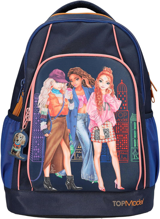 Depesche 12565 TOPModel City Girls School Backpack in Dark Blue with Model Motif, School Bag with Adjustable Straps and Pendant