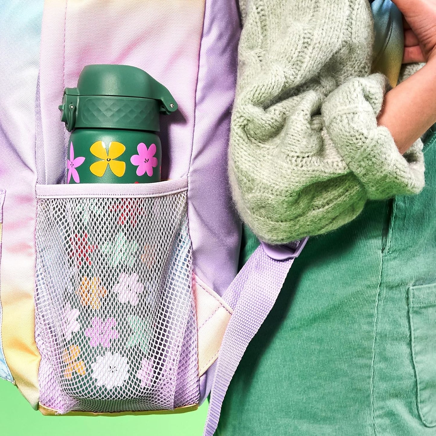 Ion8 Steel Water Bottle, 600 ml, Leak-Proof, One-Handed Opening, Secure Locking, Dishwasher Safe, Flip Lid, Carry Handle, Easy to Clean, Durable, Green Flowers Design