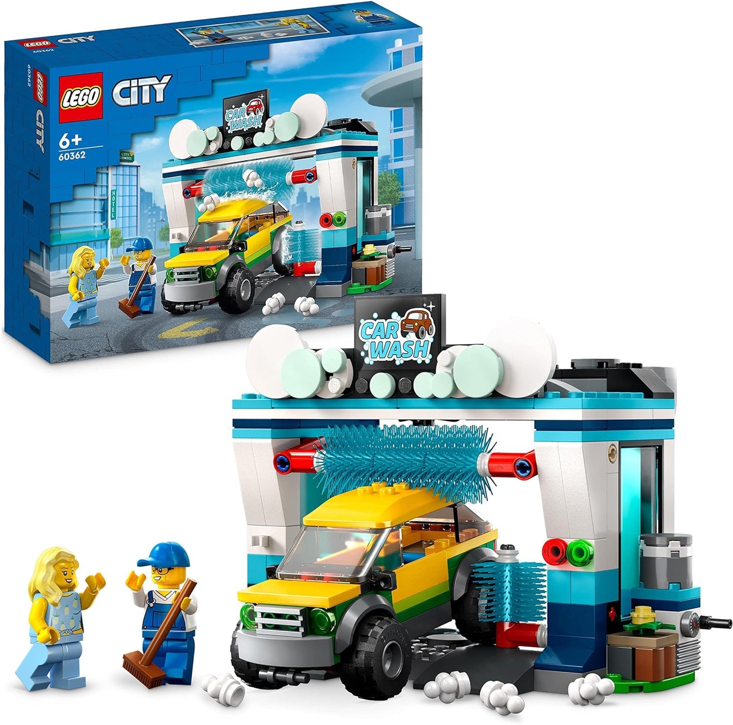 LEGO 6 City Car Wash Set with Toy Car for Children from 2 Years, Boys and Girls, Working Washing Elements and 60362 Minifigures, Vehicle Set, Small Gift Idea, 60362