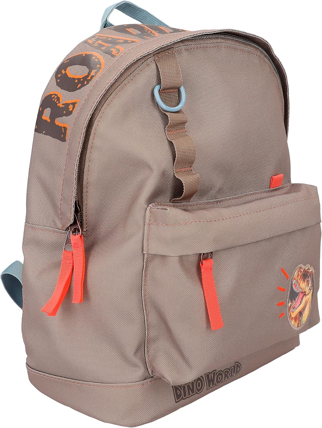 Depesche 12382 Dino World Backpack in Khaki Brown for Children with Dino Patch and Lettering, Bag with Adjustable Straps