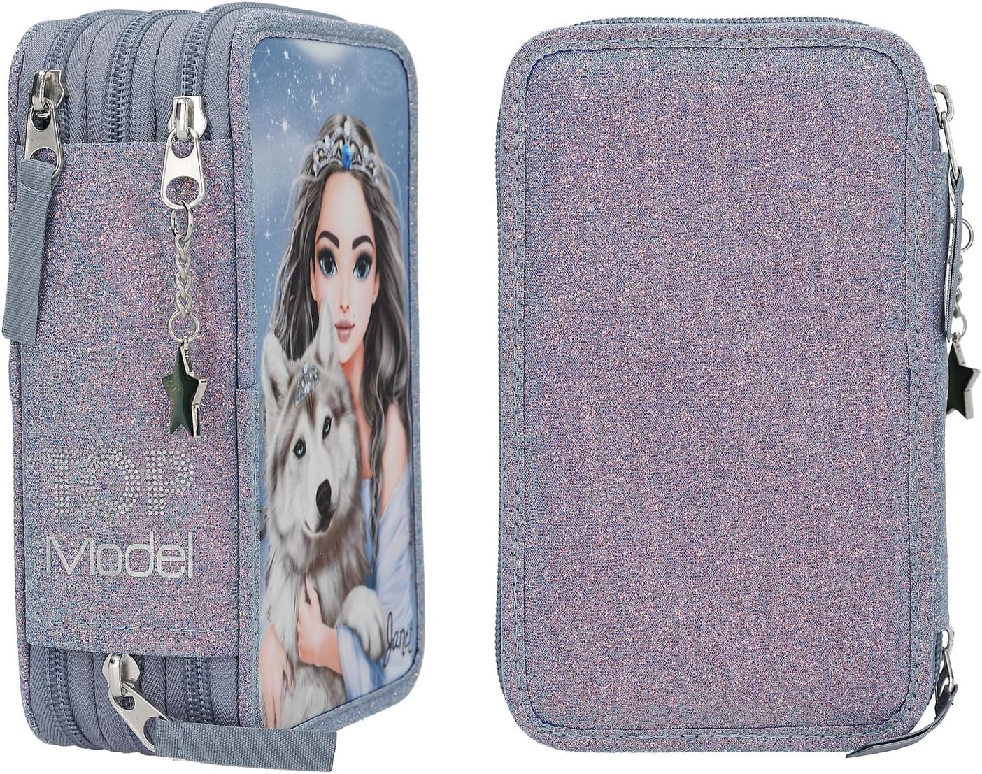 Depesche 13149 TOPModel Wolf-Filled 3-Compartment Pencil Case in Dark Blue, with Model Motif, Stars and Glitter, Pencil Case with Colouring Pencils, Ruler, Scissors and Much More, Blue