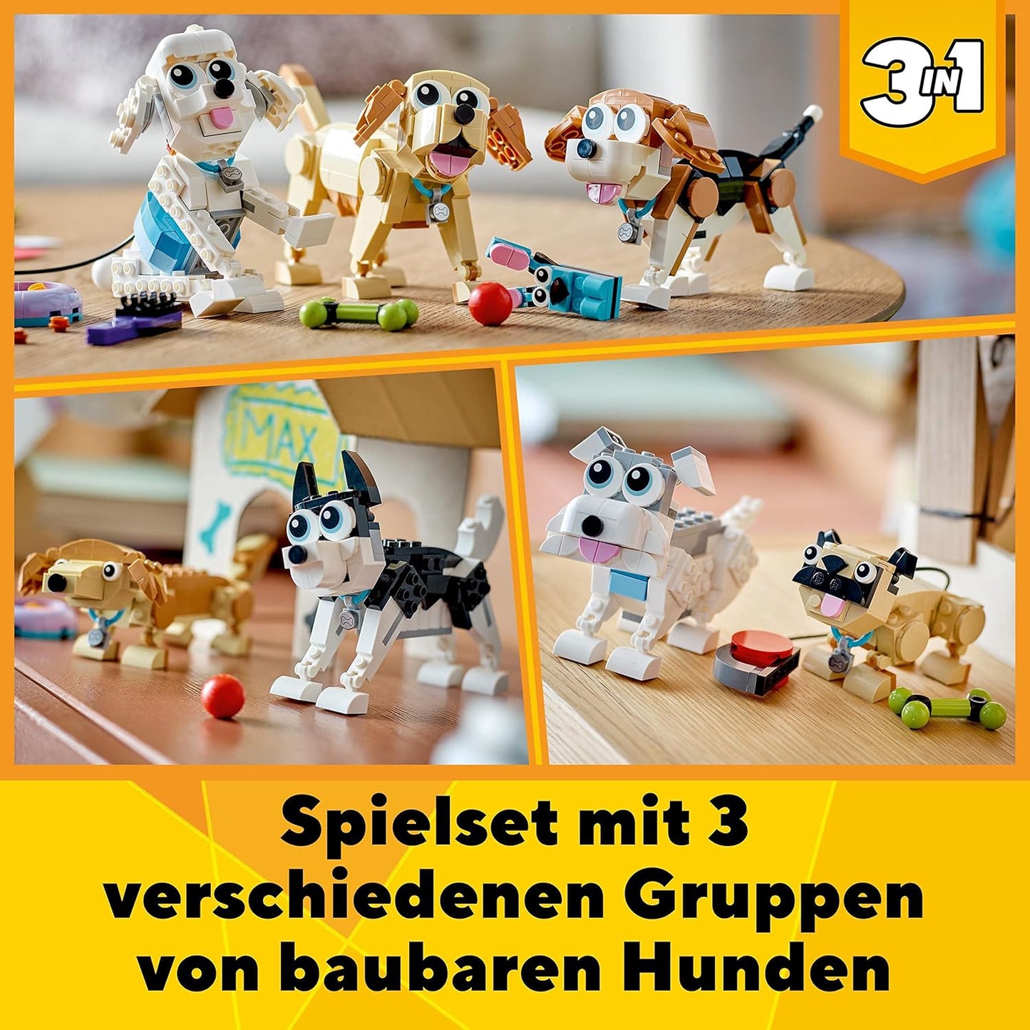 LEGO 31137 Creator 3-in-1 Cute Dog Set with Dachshund, Pug, Poodle Animal Figures and More, Toy for Children from 7 Years, Gift for Dog Lovers