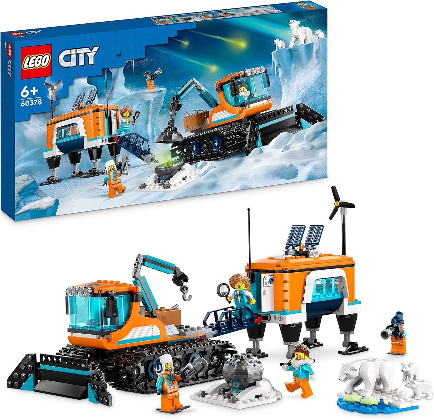 LEGO 60378 City Arctic Snow Plow with Mobile Laboratory, Construction Snow Vehicle Toy, Includes a Meteorite, 4 Mini Figures and 3 Polar Bear Figures, Children from 6 Years