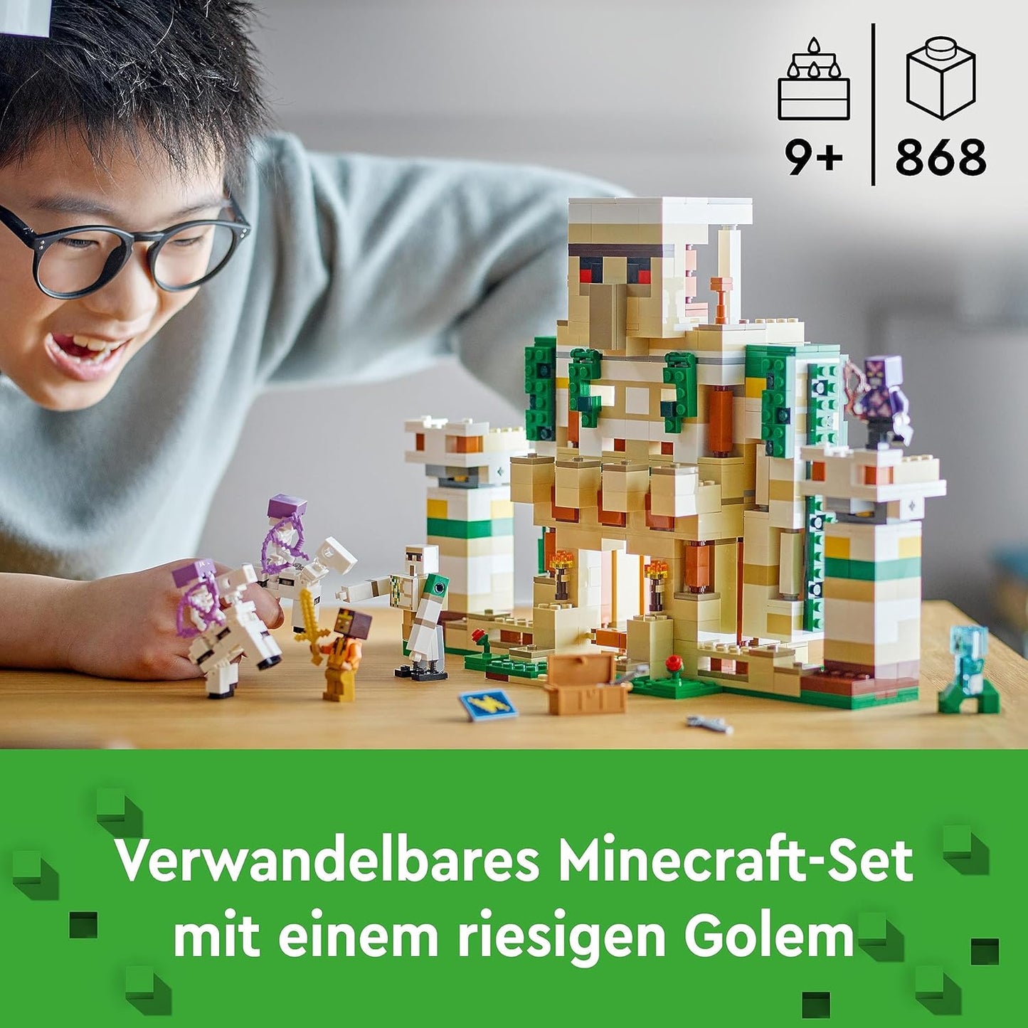 LEGO 21250 Minecraft The Iron Golem Fortress, Buildable Castle Toy, Convertible into a Large Figure, with 7 Figures Including Crystal Knight, Skeleton Rider and A Loaded Creeper