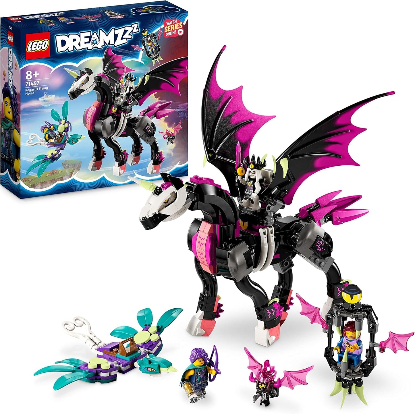 LEGO DREAMZzz 2-in-1 Pegasus, Build 2 Types of Horse Toy, Includes Zoey, Nova and Nightmare King as Mini Figures from the TV Show, Creative Animal Toy for Children, Boys and Girls 71457