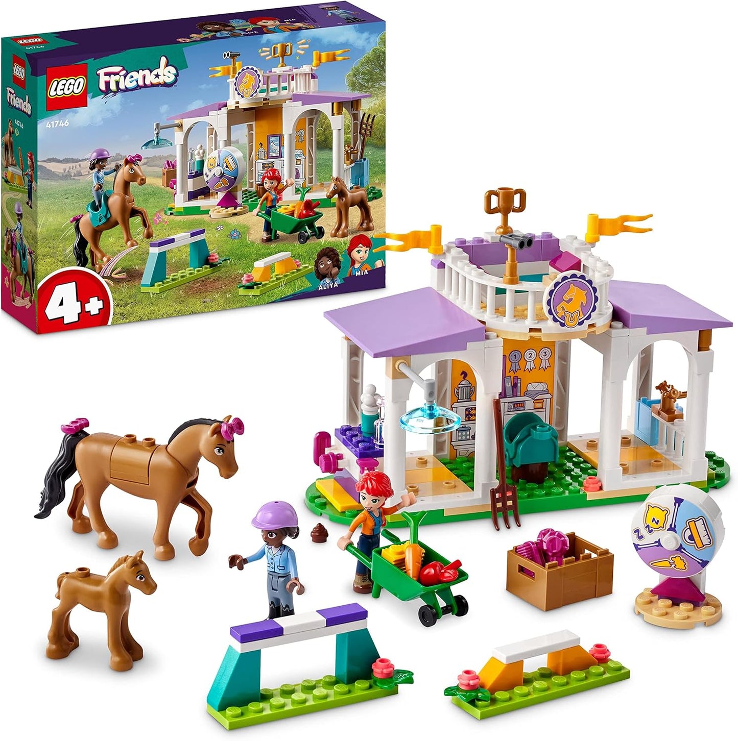 LEGO 41746 Friends Riding School Set with 2 Toy Horses, Aliya and Mia Mini Dolls, Riding Stable and Horse Toy, Animal Care Gift for Children, Girls and Boys from 4 Years