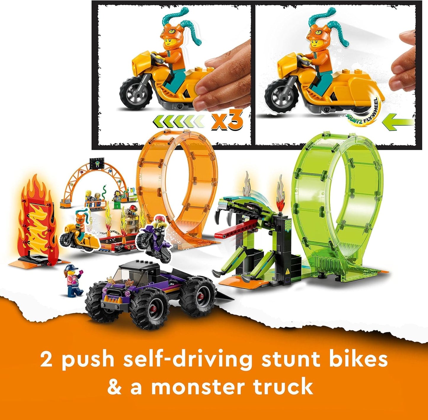 LEGO 60339 City Stuntz Stunt Show Double Looping Set Including Ramp, Monster Truck, 2 x Motorcycle and 7 Mini Figures, Toy for Children from 7 Years