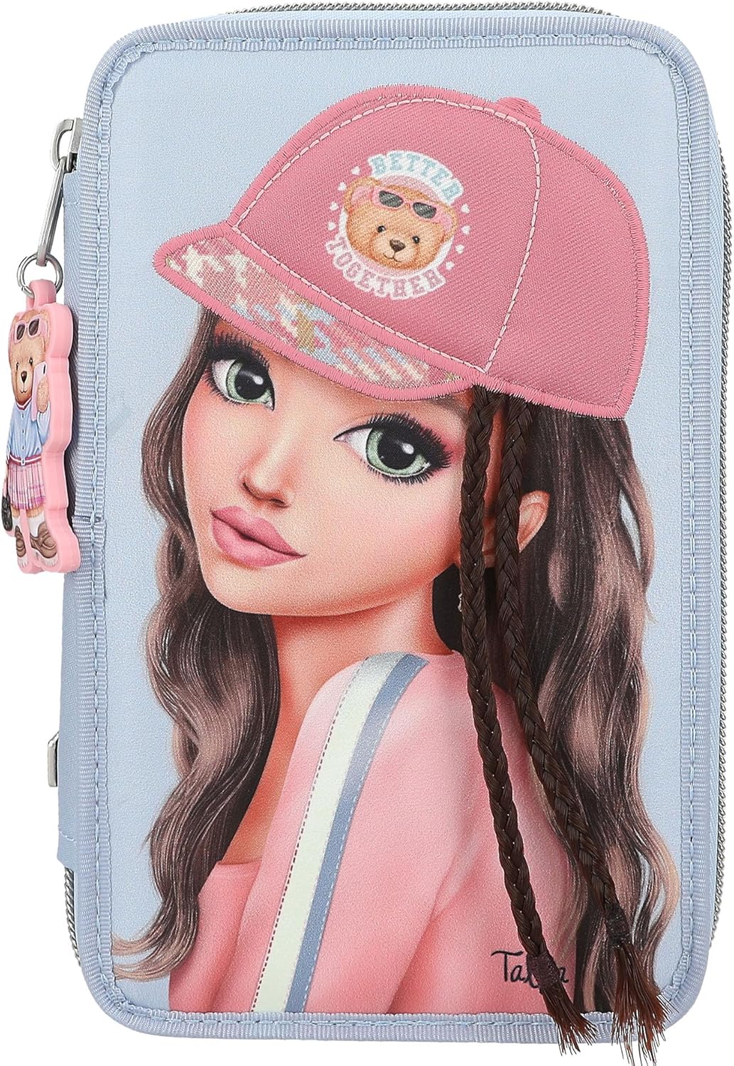 Depesche TOPModel Team Teddy 13010 Filled 3-Compartment Pencil Case in Light Blue with Model Motif and Pendant, Pencil Case with Colouring Pencils, Ruler, Scissors and much more