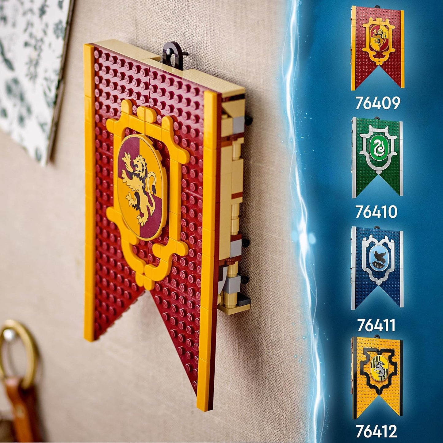 Lego 76409 Harry Potter house banner Gryffindor set, Hogwarts crest, castle common room toy or wall display, fold up travel toy, collectible with 3 mini figures.