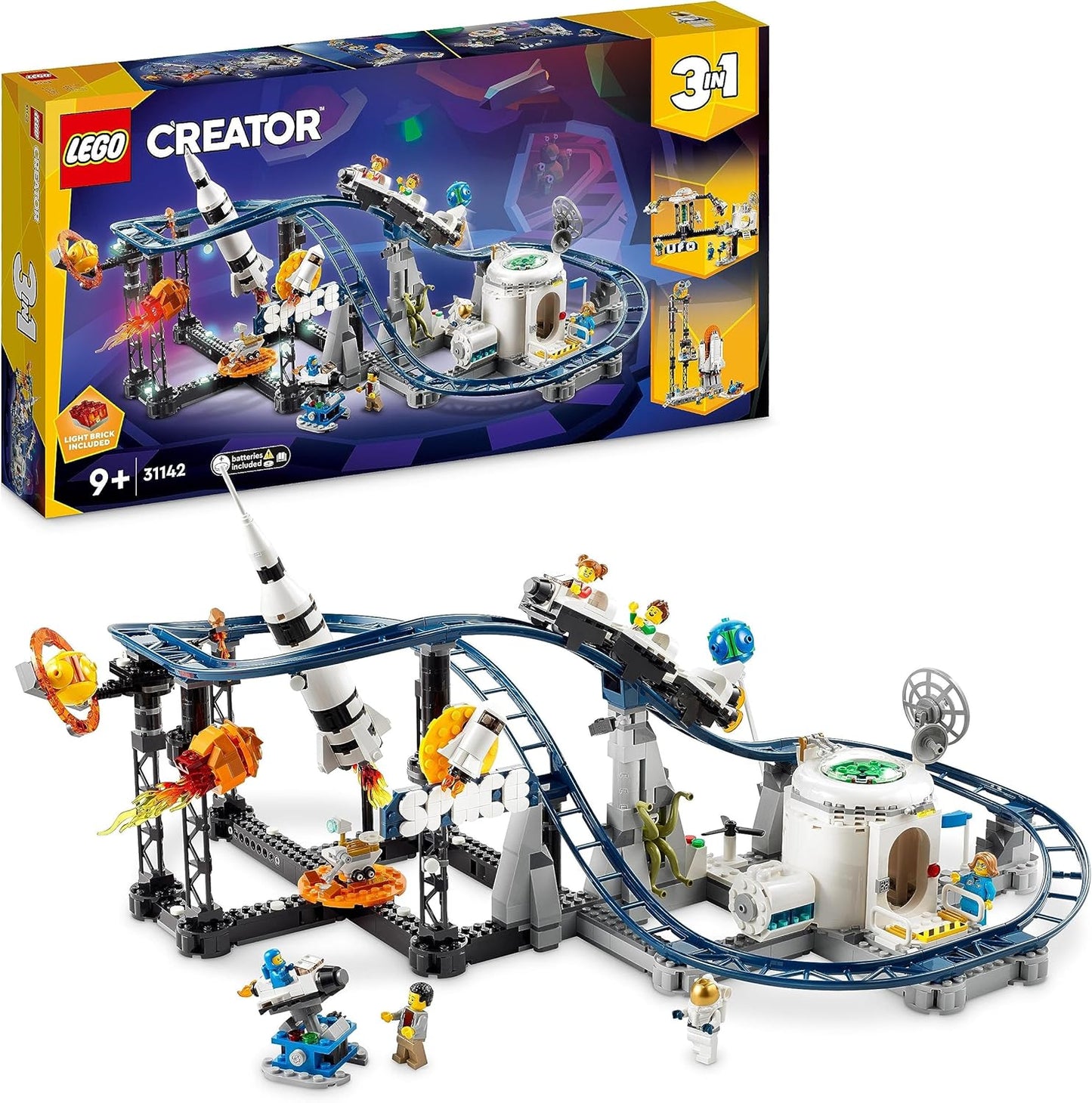 LEGO 31142 Creator 3-in-1 Space Roller Coaster Kit of a Toy Fair with Working Carriage Convertible into Free-Falling Tower or Carousel with Rockets and Luminous Stones