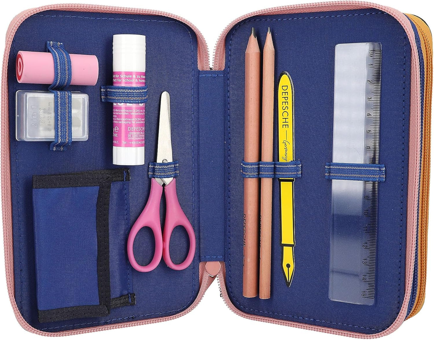 Depesche 12560 TOPModel City Girls Filled 3-Compartment Pencil Case Printed with a Skyline Motif, Pencil Case with Coloured Pencils, Ruler, Scissors and Much More