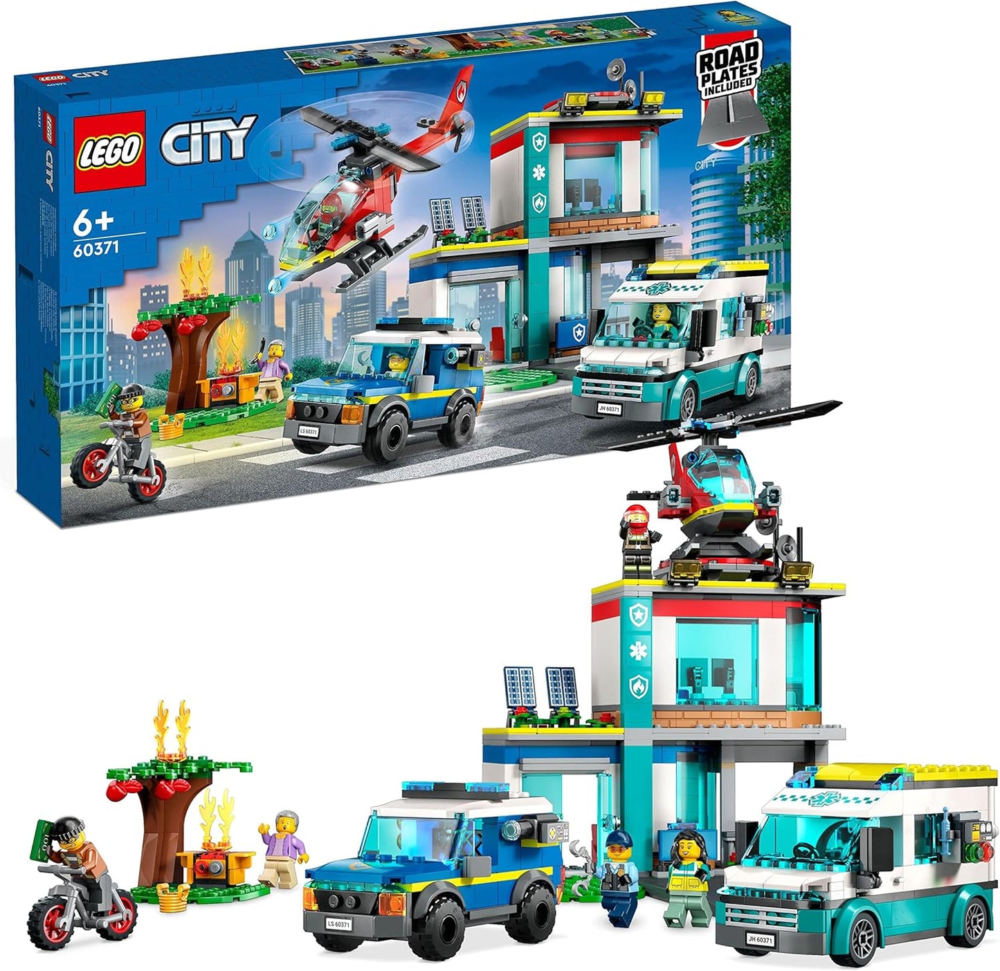 LEGO 60371 City Headquarters of Rescue Vehicles with Fire Brigade Helicopter, Ambulance, Motorcycle and Police Car, Toy for Children from 6 Years