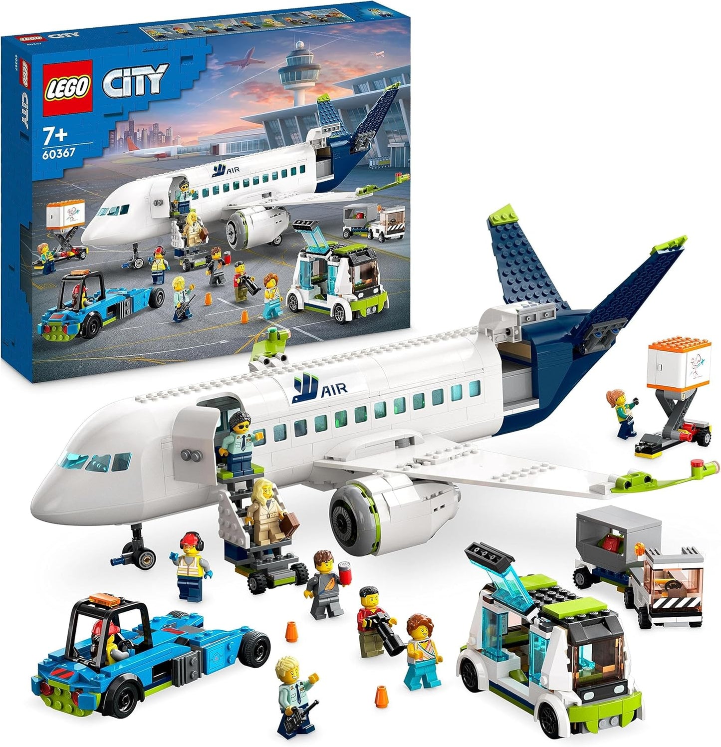 LEGO 60367 City Passenger Plane Toy Set, Large Airplane Model with Airport Ground Staff Vehicles: Apron Bus, Pushback Tug, Catering Loader, Luggage Trolley and 9 Mini Figures