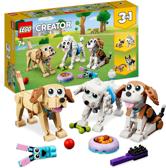 LEGO 31137 Creator 3-in-1 Cute Dog Set with Dachshund, Pug, Poodle Animal Figures and More, Toy for Children from 7 Years, Gift for Dog Lovers