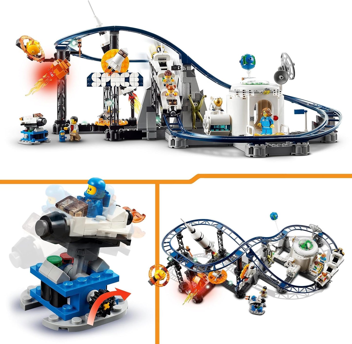 LEGO 31142 Creator 3-in-1 Space Roller Coaster Kit of a Toy Fair with Working Carriage Convertible into Free-Falling Tower or Carousel with Rockets and Luminous Stones