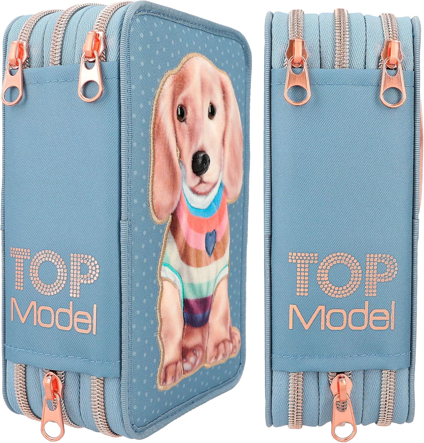 Depesche 12561 TOPModel City Girls Filled 3-Compartment Pencil Case with Dog Motif, Pencil Case with Colouring Pencils, Ruler, Scissors and much more