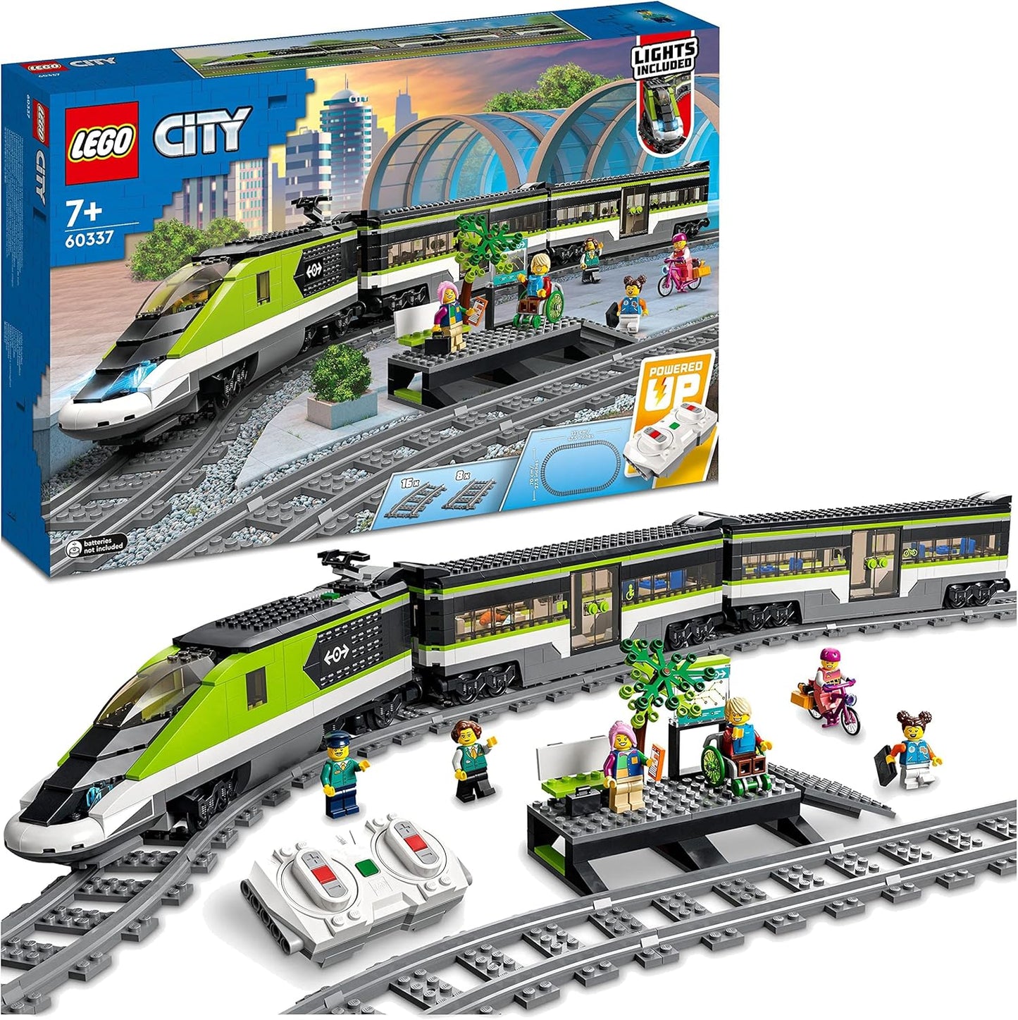 LEGO City 60337 Passenger Express Train Set with Remote Control Train, Railway Toy with Headlights, 2 Cart and 24 Rail Elements, Gift for Kids, Boys and Girls