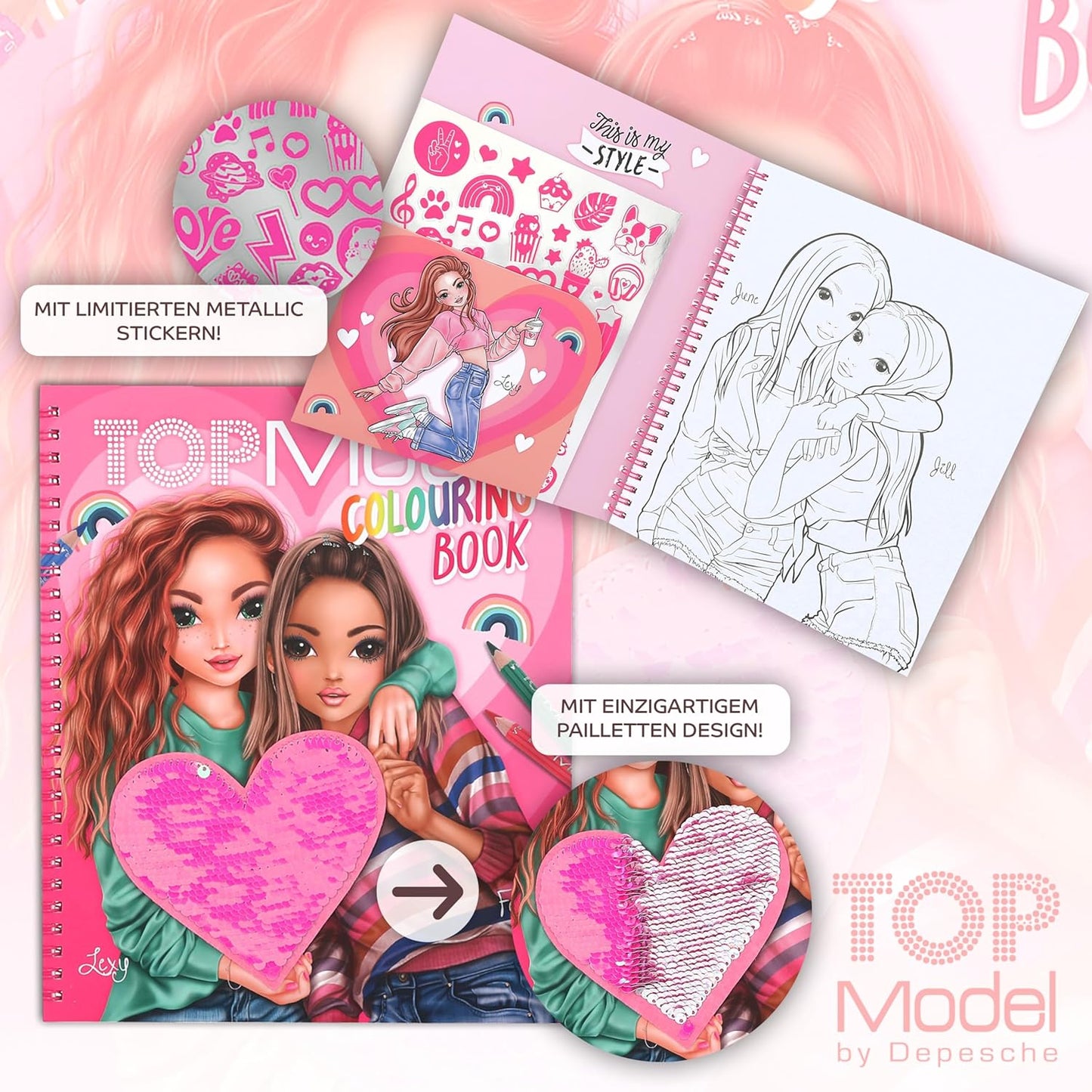 TOPModel Colouring Book with Sequins & Hand Designer Colouring Book: 40 Colouring Designs and Sticker Sheet for Cool Looks, 46 Pages for Creative Nail Designs, Includes Foil Stickers and Fingernail