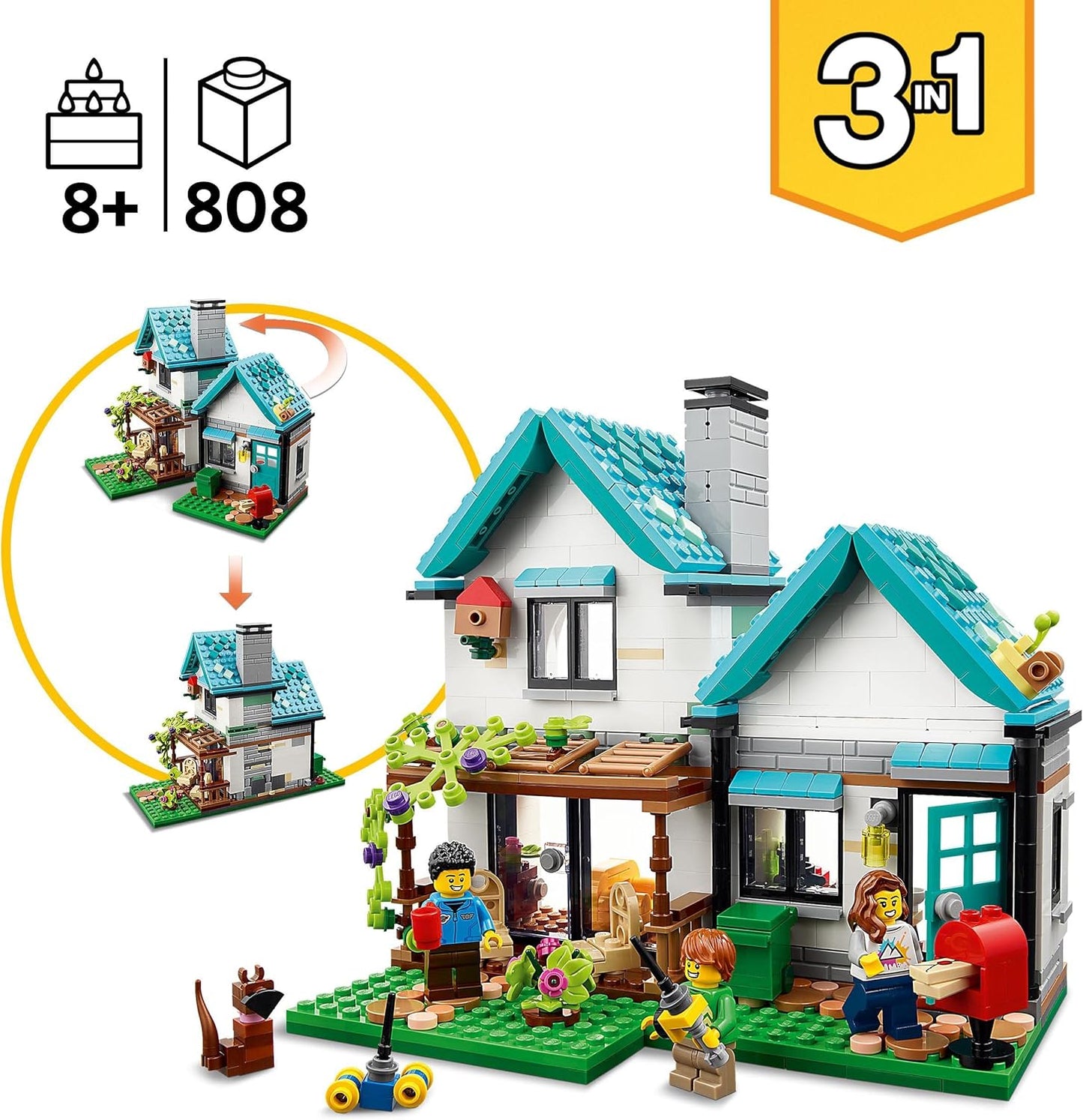 LEGO Creator 3in1 Gemütliches Haus Set, Modellbausatz mit 3 verschiedenen Häusern plus Familien-Minifiguren und Zubehör, Geschenk für Kinder, Jungen und Mädchen 31139