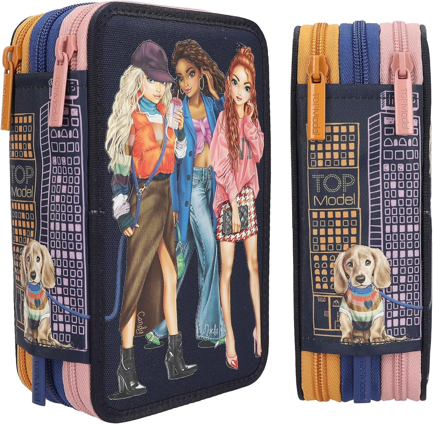 Depesche 12560 TOPModel City Girls Filled 3-Compartment Pencil Case Printed with a Skyline Motif, Pencil Case with Coloured Pencils, Ruler, Scissors and Much More