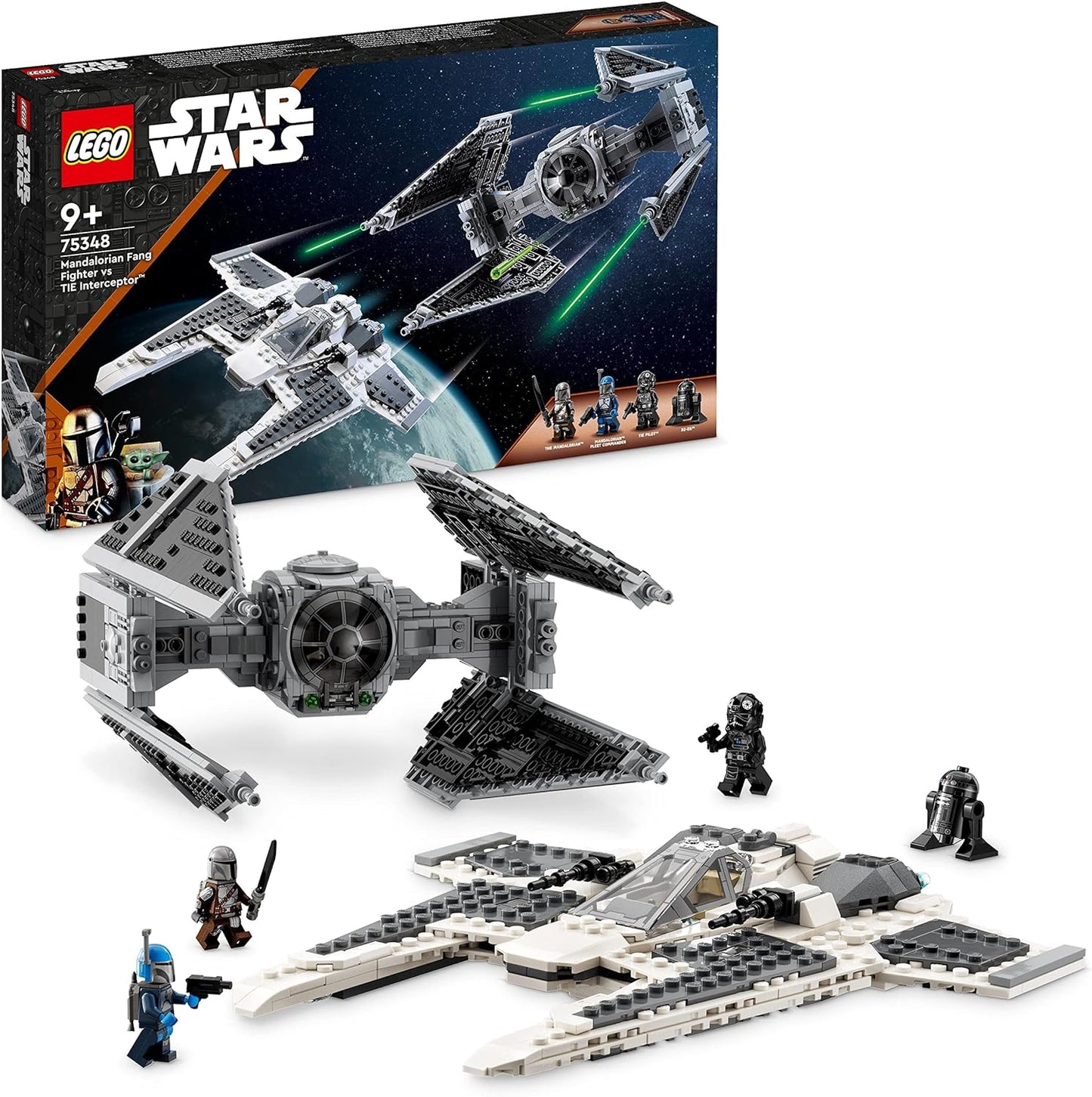 LEGO 75348 Star Wars Mandalorian Fang Fighter vs. TIE Interceptor Set, Starfighter Building Toy for Children with 3 Mini Figures, Droid and Dark Sword