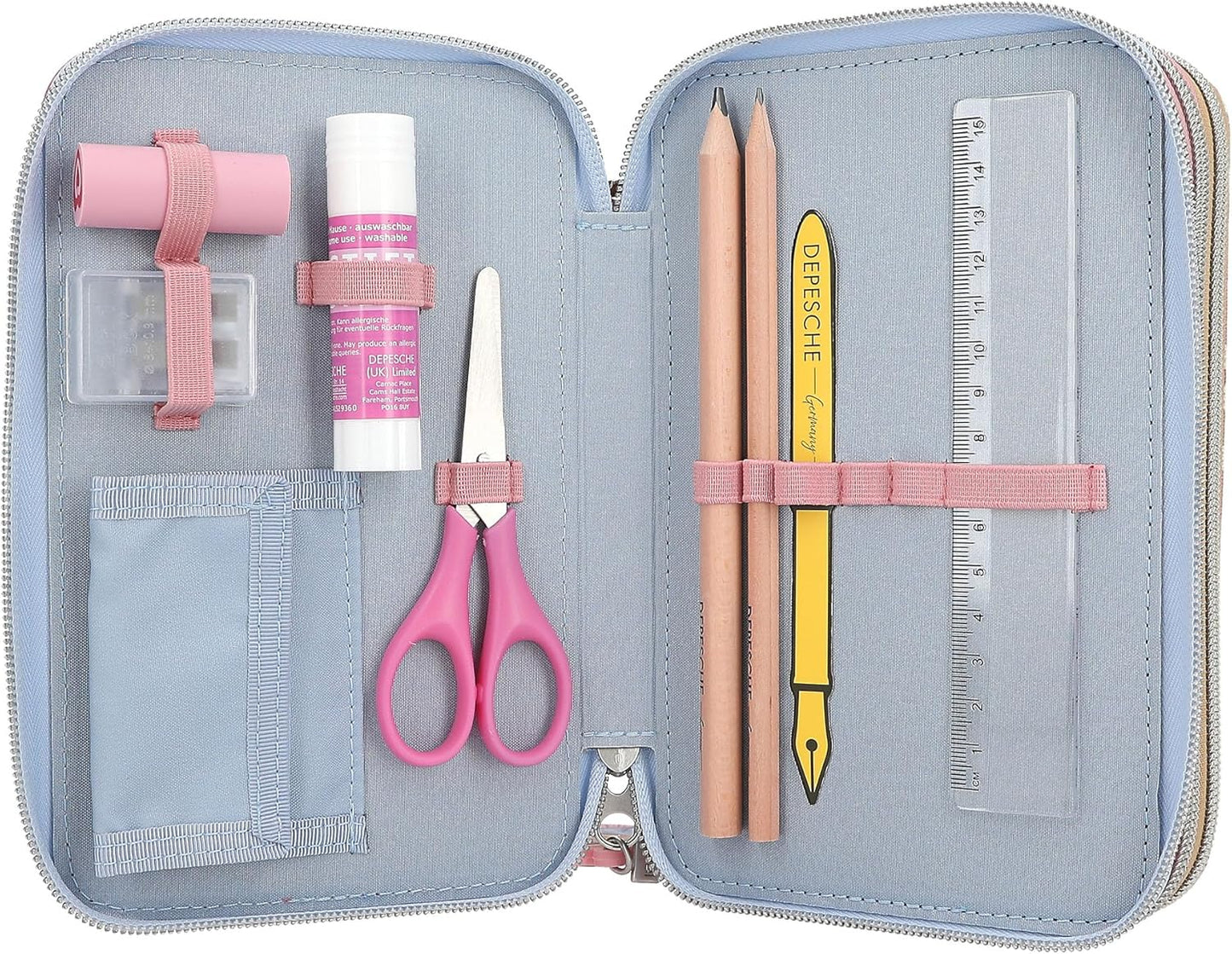 Depesche 13009 TOPModel Team Teddy Filled 3-Compartment Pencil Case in Rose with Model Motif and Pendant, Pencil Case with Colouring Pencils, Ruler, Scissors and much more