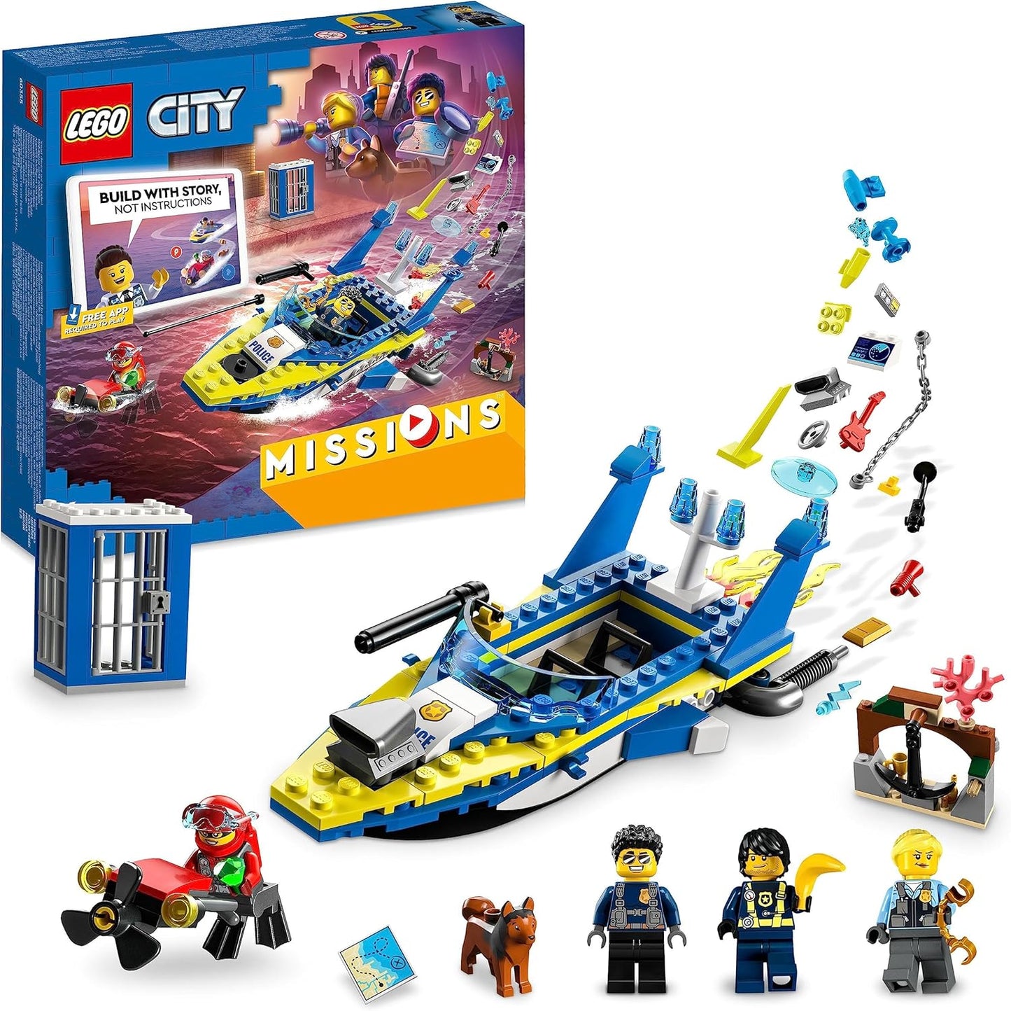 LEGO 60355 City Detective Missions of the Water Police, Interactive Adventure Playset with Boat and 4 Mini Figures, Police Toy Gift