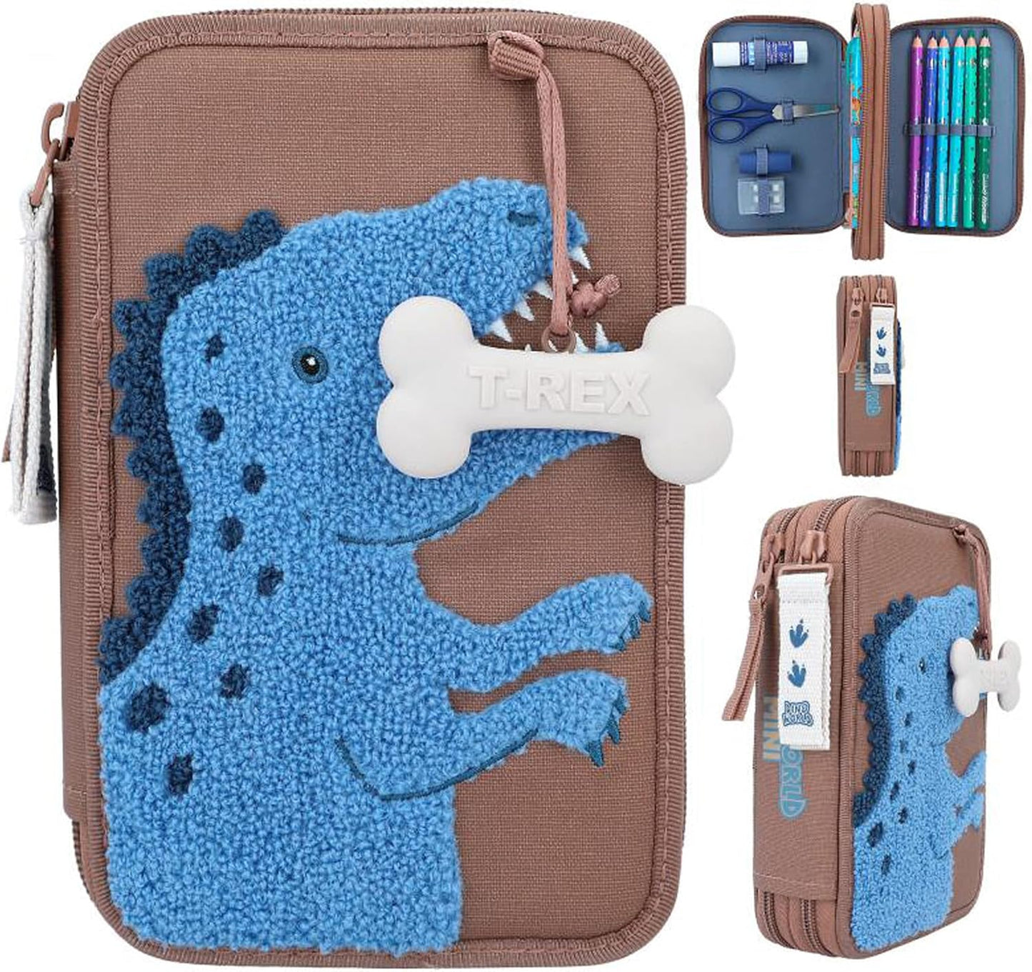 Depesche 12008 World Mini Filled 2-Compartment Pencil Case in Blue with Dino Motif Made of Terry Cloth and Bone Pendant, Pencil Case with Coloured Pencils, Ruler, Scissors etc, brown/blue, Animal