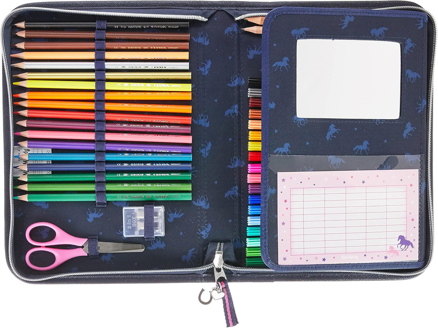 Depesche 10584 Miss Melody XXL Pencil Case with Dreamlike Horse Motif, Extra Large Pencil Case Filled with Pens, Sharpener, Eraser, Scissors, Ruler and Set Square, Approx. 28 x 20 x 4.5 cm