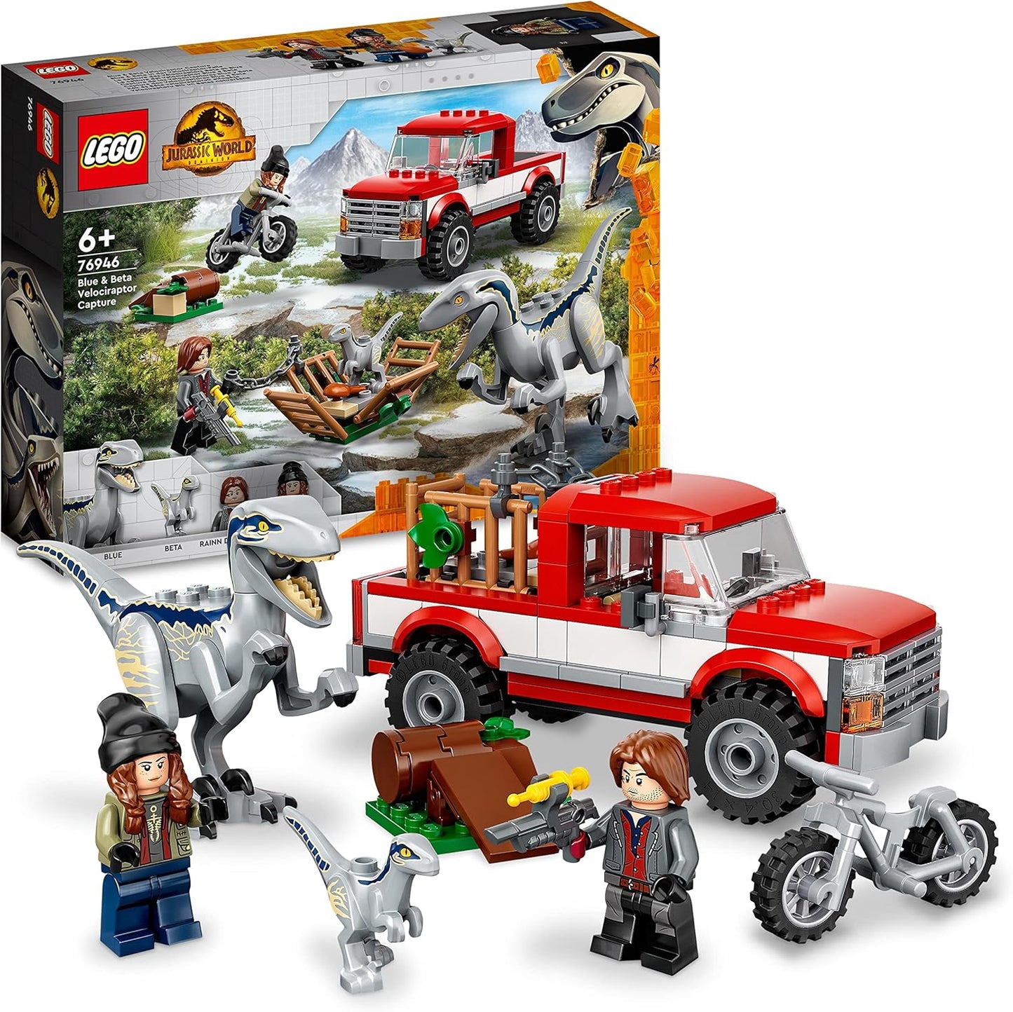 LEGO 76946 Jurassic World Blue & Beta in the Velociraptor Trap, Toy Car with Dinosaur Figures for Children from 6 Years