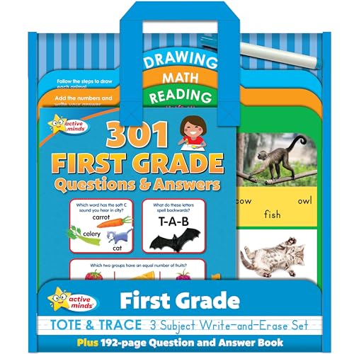 First Grade Tote & Trace: 3 Subject Write-And-Erase Wipe Clean Board Set and 192-Page Question and Answer Book