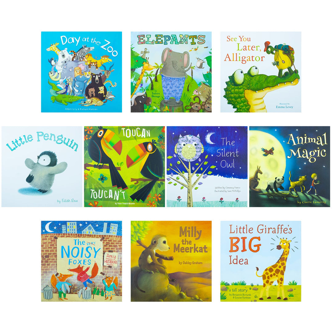 A Day at the Zoo 10 Animal Stories Illustrated Picture Flats Συλλογή βιβλίων: (Animal Magic, Little Giraffe Big Idea, Little Penguin, See You Later Alligator, The Silent Owl, Milly the Meerkat)