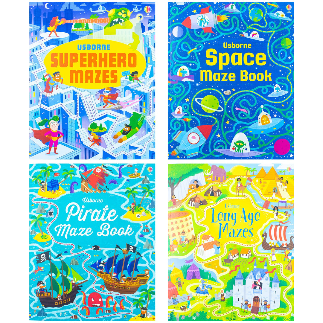 Usborne Maze Series 4 Books Collection Set By Sam Smith & Kirsteen Robson(Superhero Mazes, Pirate Maze Book, Long Ago Mazes & Space Maze Book)