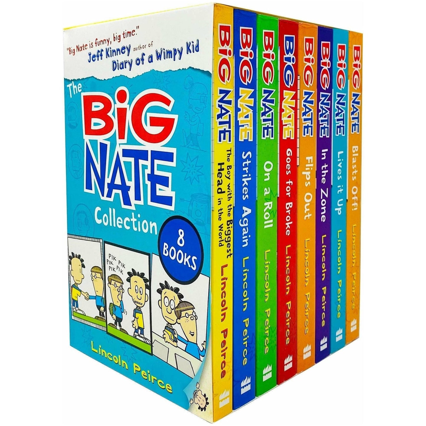 Σετ συλλογής βιβλίων Big Nate Series 8 από τον Lincoln Peirce (αγόρι με το μεγαλύτερο κεφάλι στον κόσμο, Ξαναχτυπά, σε ένα ρολό, πάει για χαλάρωση, ξεφεύγει, στη ζώνη, το ζει και εκρήγνυται)