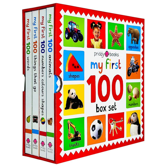 My First 100 Board Book Box Set (4 Books): First 100 Words / Numbers Colors Shapes / First 100 Animals / First 100 things that Go