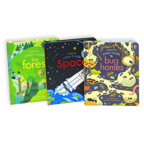 Usborne Peep Inside Lift-the-Flap Series 3 Books Collection Box Set (Space, The Forest & Bug Homes)