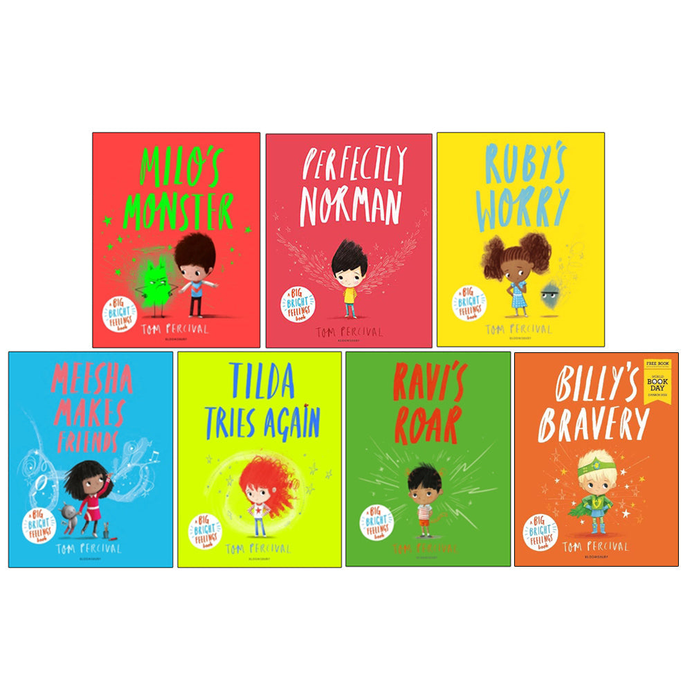 Tom Percival Big Bright Feelings Collection 7 Books Set Including World Book Day Billy's Bravery, Perfectly Norman, Ruby's Worry, Ravi's Roar, Meesha Makes Friends, Tilda Tries Again & Milo's Monster